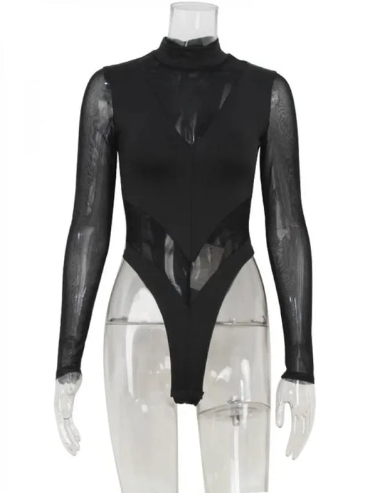 Sexy Mesh Women's Bodysuits See Through Skinny Turtleneck Solid Regular Long Sleeves Slim Fit Streetwear Rompers T Shirt
