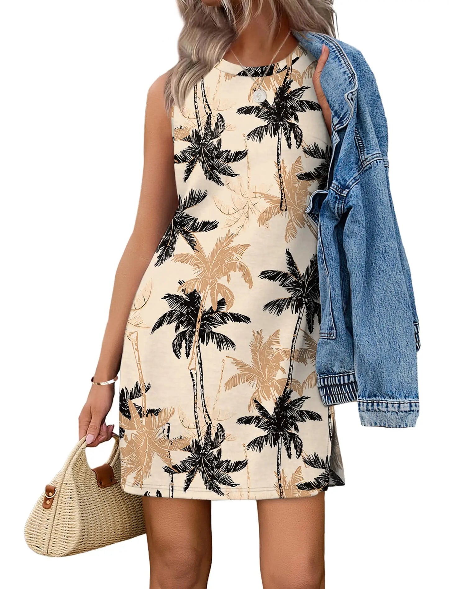 Casual Sleeveless Crewneck Dress Women Boho Summer Vacation Floral Paisley Print Mini Dress