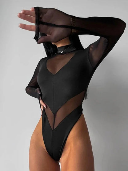 Sexy Mesh Women's Bodysuits See Through Skinny Turtleneck Solid Regular Long Sleeves Slim Fit Streetwear Rompers T Shirt