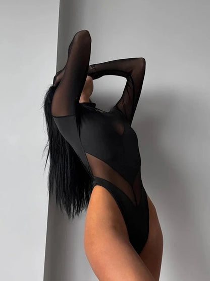 Sexy Mesh Women's Bodysuits See Through Skinny Turtleneck Solid Regular Long Sleeves Slim Fit Streetwear Rompers T Shirt