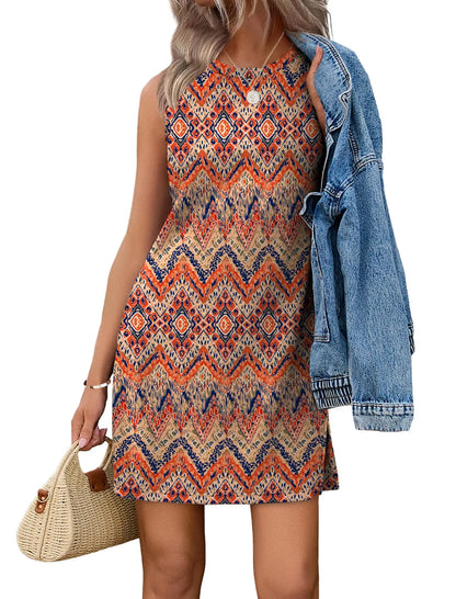 Casual Sleeveless Crewneck Dress Women Boho Summer Vacation Floral Paisley Print Mini Dress
