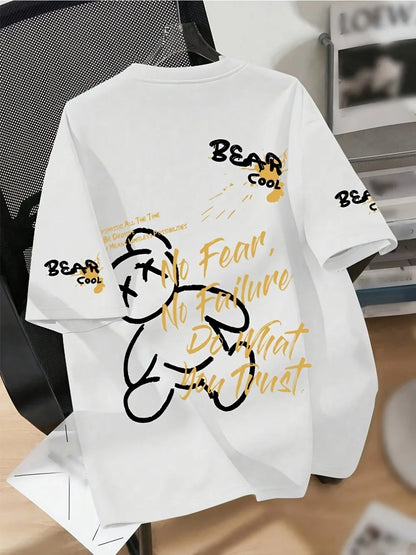 Summer men's round neck breathable T-shirt with cartoon bear print pattern suitable for daily and weekend gifting to friends