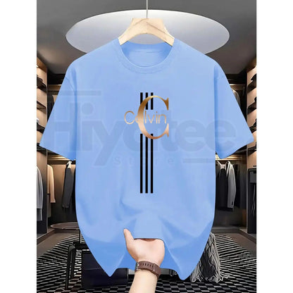 Men's Casual Calvin Print T-Shirt – Black & Gold Striped Street Style Essential