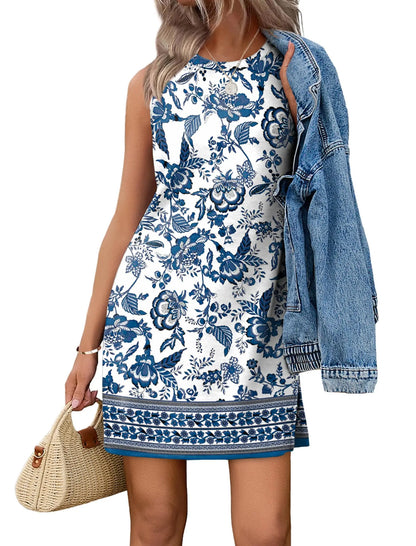 Casual Sleeveless Crewneck Dress Women Boho Summer Vacation Floral Paisley Print Mini Dress
