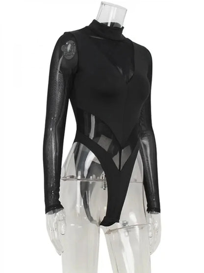 Sexy Mesh Women's Bodysuits See Through Skinny Turtleneck Solid Regular Long Sleeves Slim Fit Streetwear Rompers T Shirt