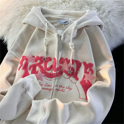 Women’s Y2K Embroidered Zip-Up Hoodie – Fashionable Autumn Long Sleeve Streetwear Top