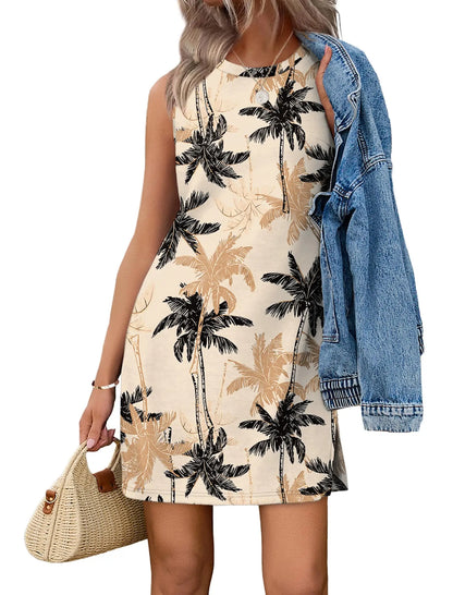 Casual Sleeveless Crewneck Dress Women Boho Summer Vacation Floral Paisley Print Mini Dress