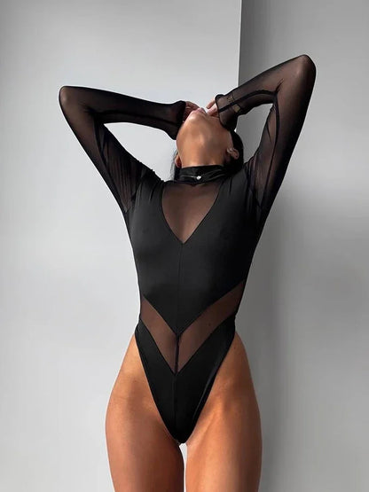 Sexy Mesh Women's Bodysuits See Through Skinny Turtleneck Solid Regular Long Sleeves Slim Fit Streetwear Rompers T Shirt